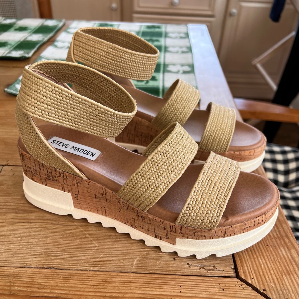 steve madden natural raffia cork platform sandal size 7